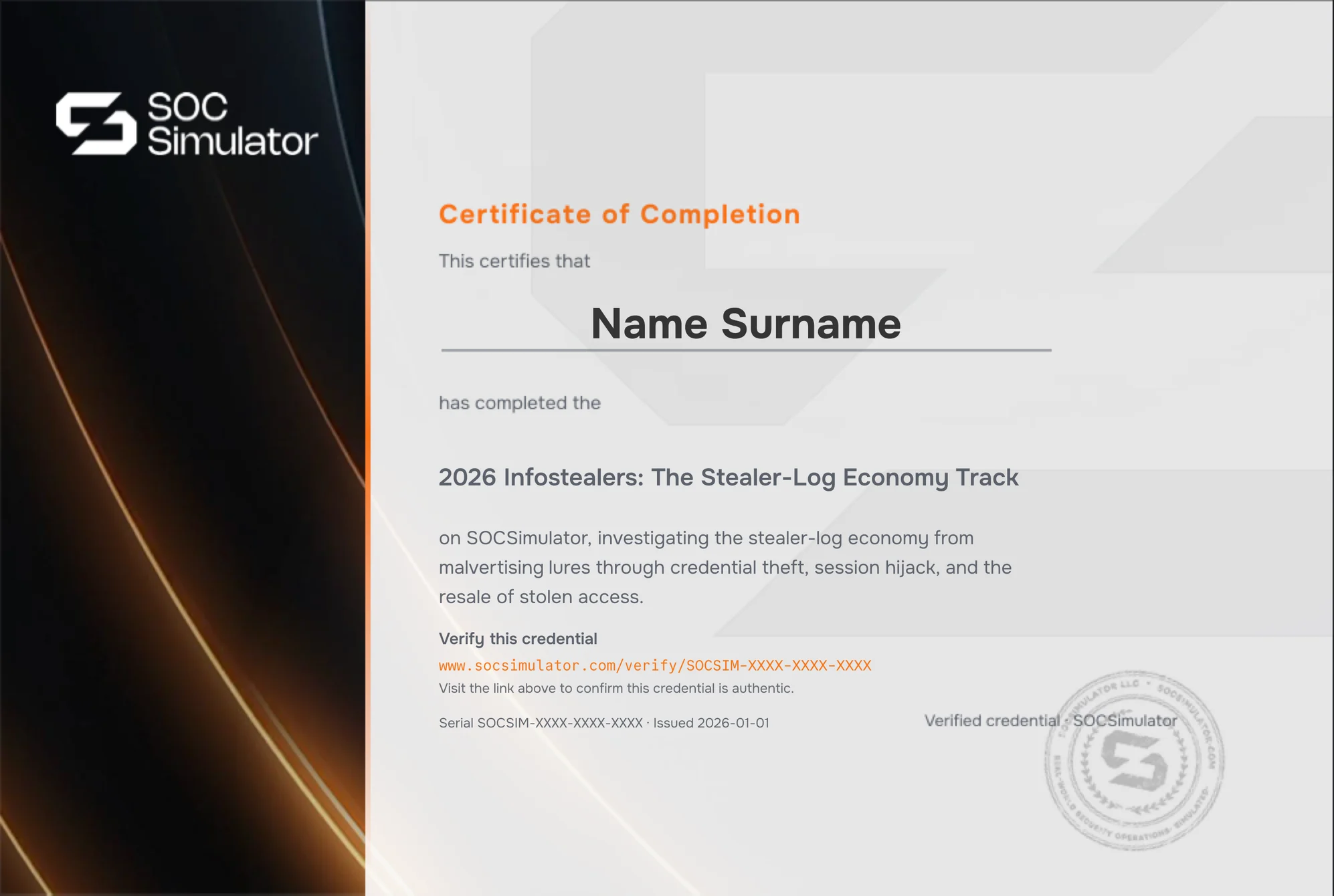 Sample certificate for 2026 Infostealers: The Stealer-Log Economy