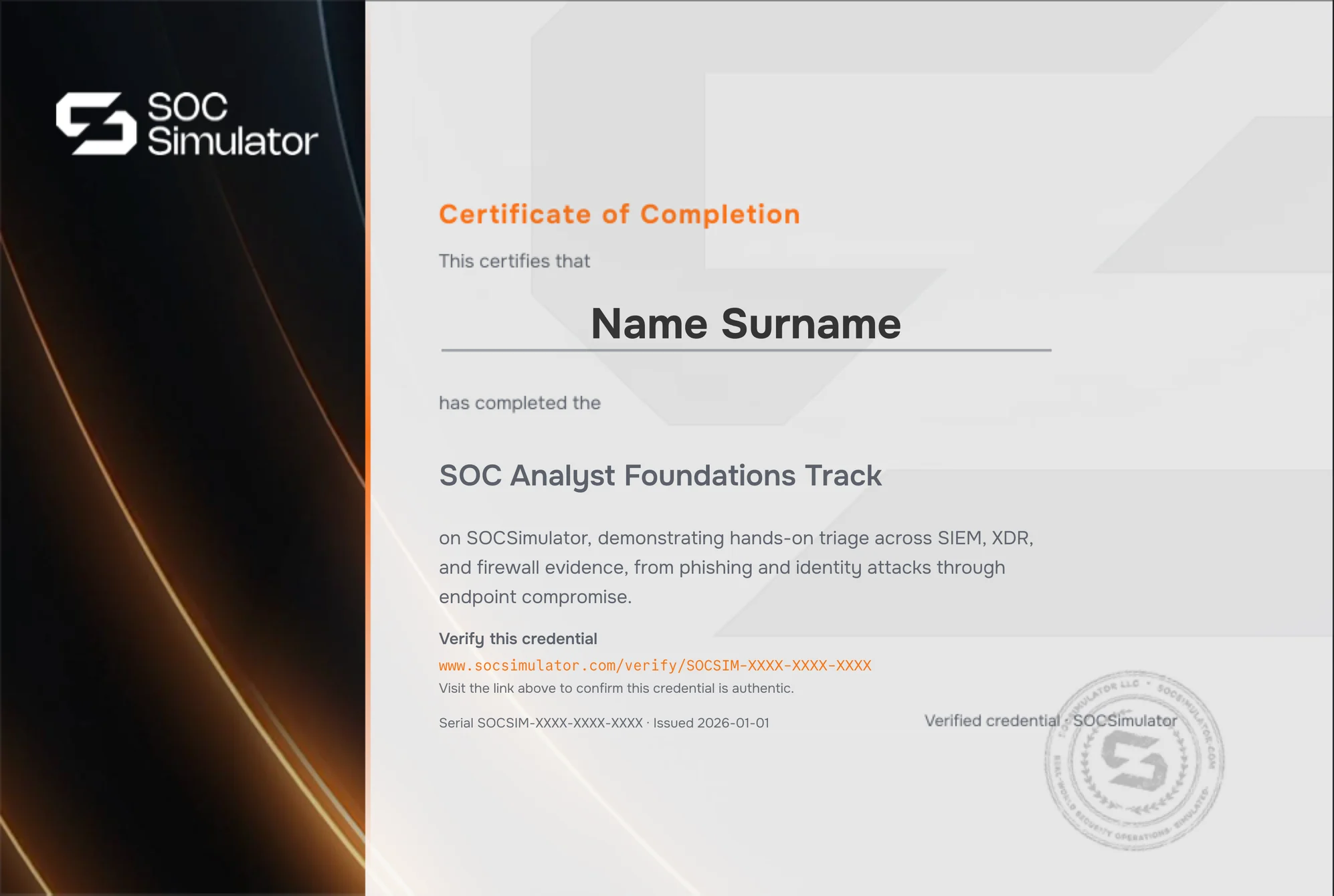 Sample certificate for SOC Analyst Foundations